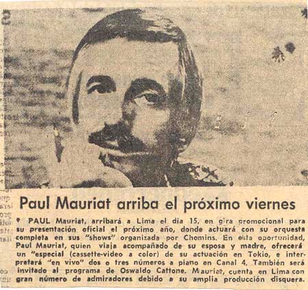 Newspaper clip from Paul Mauriat visit to Lima in 1981