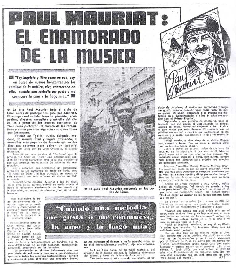 Newspaper clip from Paul Mauriat visit to Lima in 1981