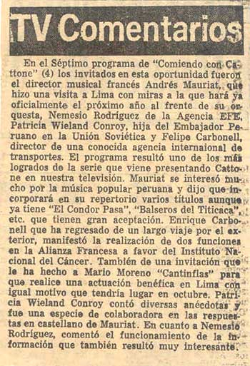Newspaper clip from Paul Mauriat visit to Lima in 1981