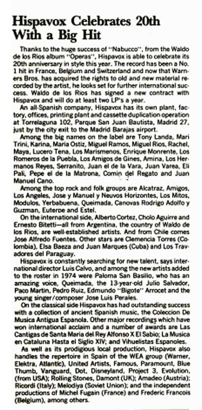 Newspaper clip from 20th party of Hispavox